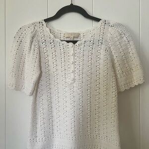Sezane Cream Crochet Button-Front Puff Sleeve Top